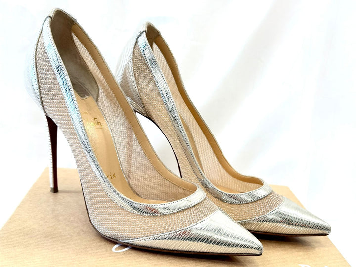 LOUBOUTIN GALATIVI 100 METALLIC LEATHER &amp; MESH PUMPS