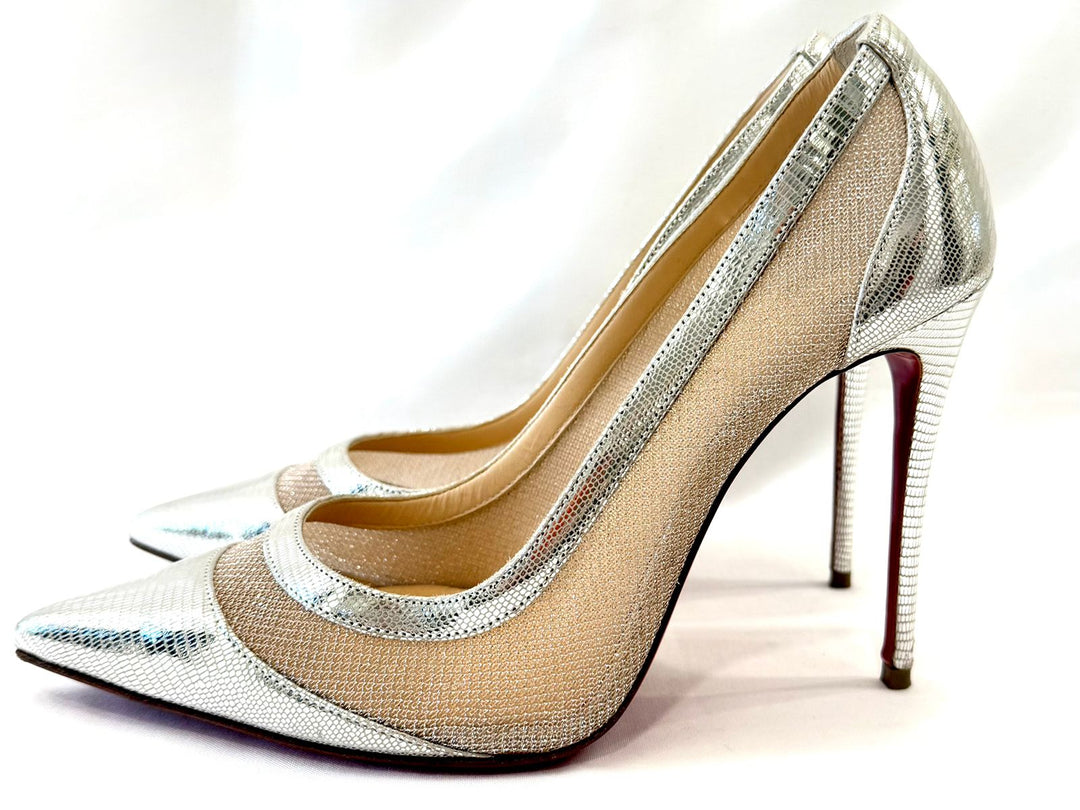 LOUBOUTIN GALATIVI 100 METALLIC LEATHER &amp; MESH PUMPS