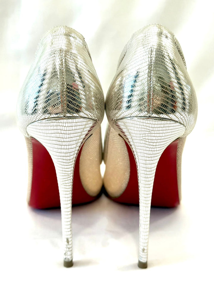 LOUBOUTIN GALATIVI 100 METALLIC LEATHER &amp; MESH PUMPS
