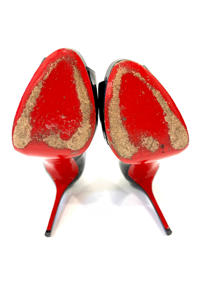 LOUBOUTIN PRIVÉ 120 PEEP TOE GLOSSY PATENT PUMPS