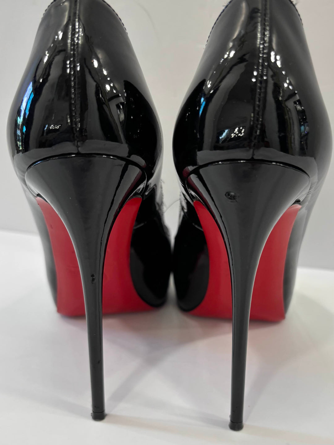 LOUBOUTIN PRIVÉ 120 PEEP TOE GLOSSY PATENT PUMPS