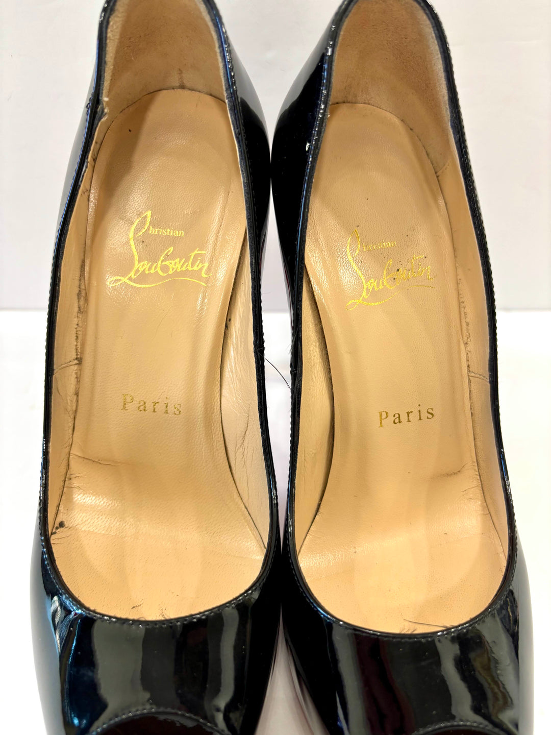 LOUBOUTIN PRIVÉ 120 PEEP TOE GLOSSY PATENT PUMPS