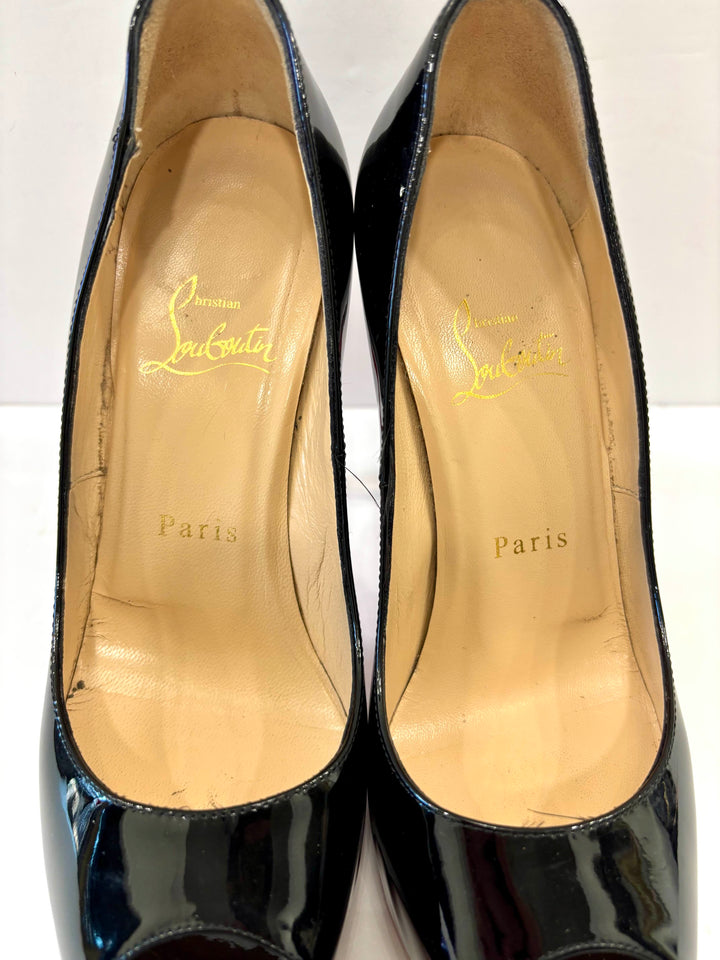 LOUBOUTIN PRIVÉ 120 PEEP TOE GLOSSY PATENT PUMPS