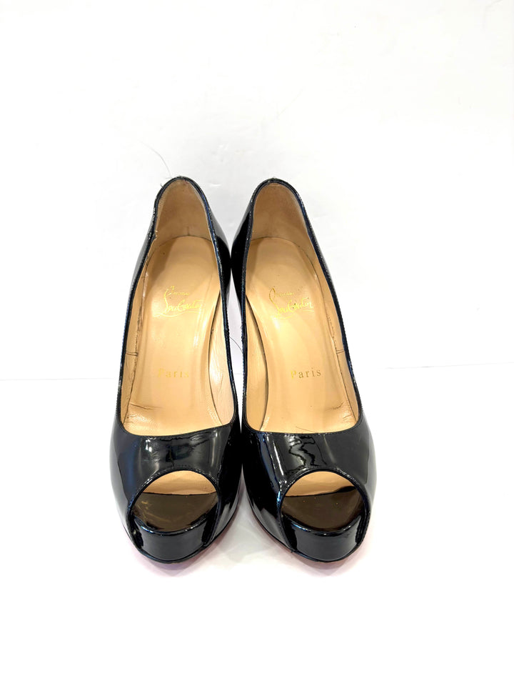 LOUBOUTIN PRIVÉ 120 PEEP TOE GLOSSY PATENT PUMPS