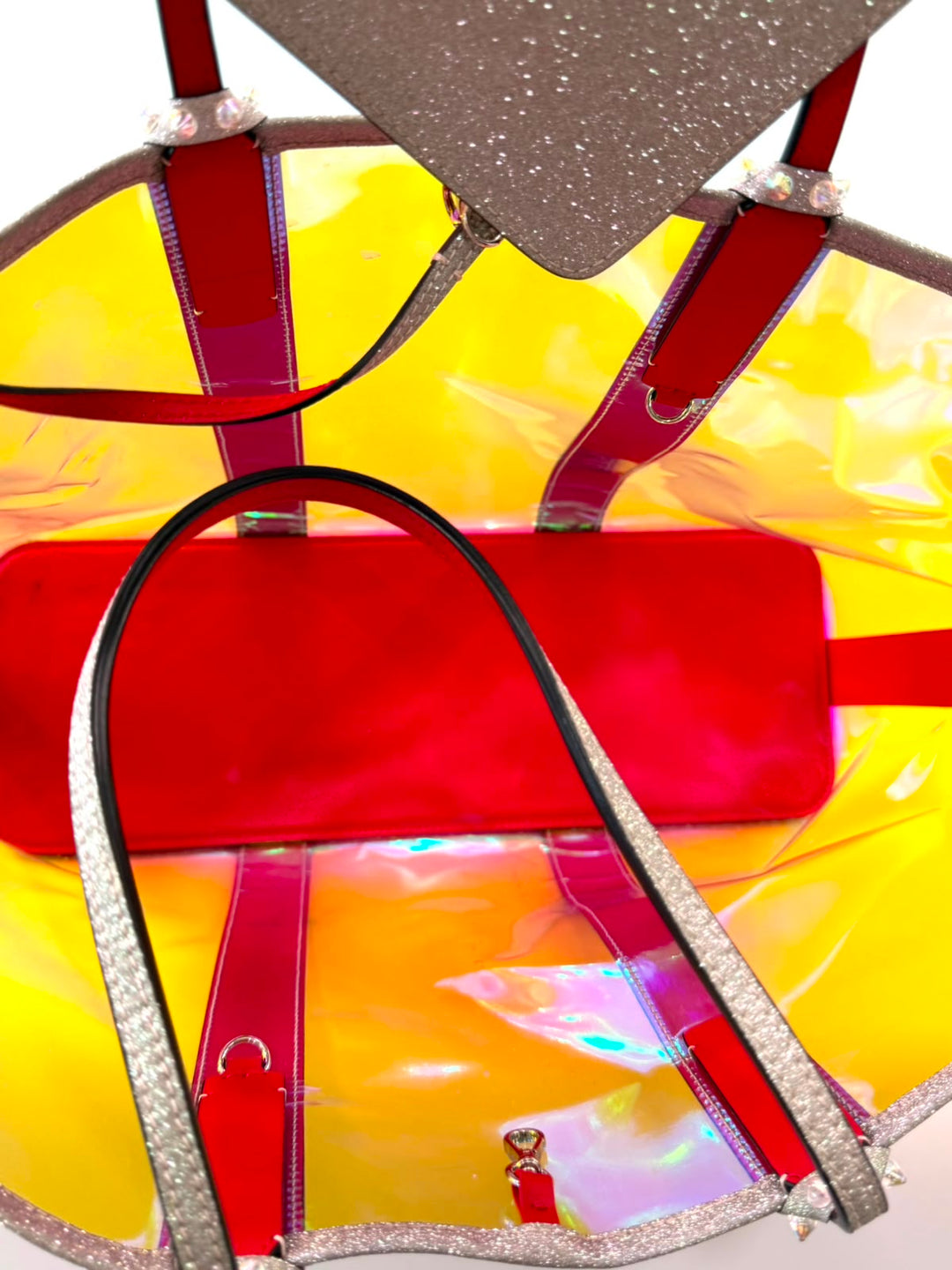 LOUBOUTIN MULTICOLOR CABATA IRIDESCENT GLITTER PVC LARGE TOTE BAG