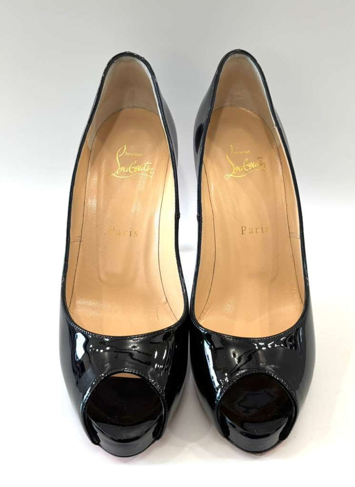 LOUBOUTIN PATENT LEATHER VERY PRIVE PEEP TOE PUMPS
