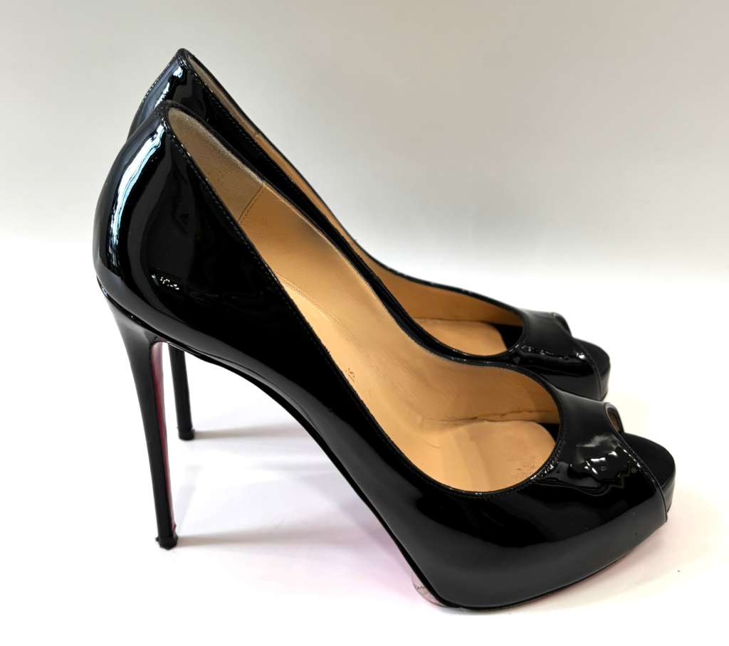 LOUBOUTIN PATENT LEATHER VERY PRIVE PEEP TOE PUMPS
