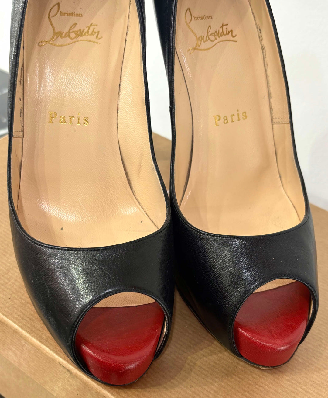 LOUBOUTIN VERY PRIVÉ 120 PEEP TOE CALFSKIN LEATHER PUMPS