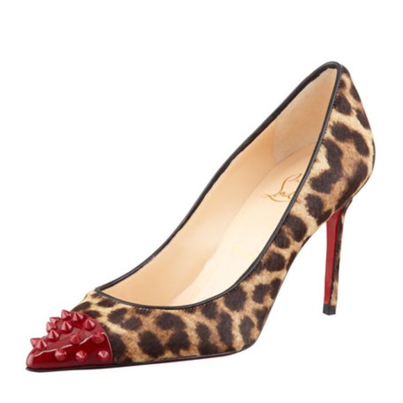 LOUBOUTIN PONY HAIR LEOPARD GEO SPIKE STUDDED TOE PUMPS