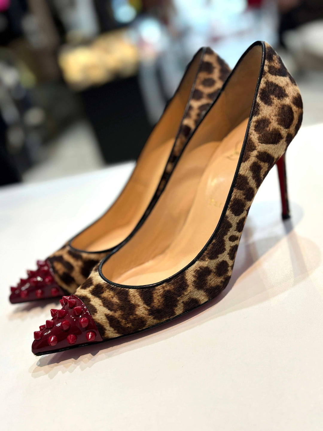 LOUBOUTIN PONY HAIR LEOPARD GEO SPIKE STUDDED TOE PUMPS LOUBOUTIN PONY HAIR LEOPARD GEO SPIKE STUDDED TOE PUMPS
