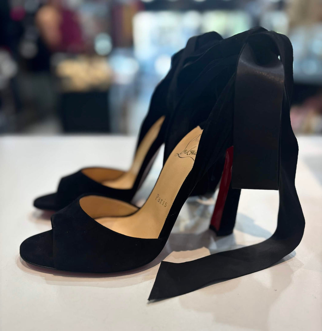 LOUBOUTIN ROSE AMELIE ANKLE-TIE SUEDE SANDALS