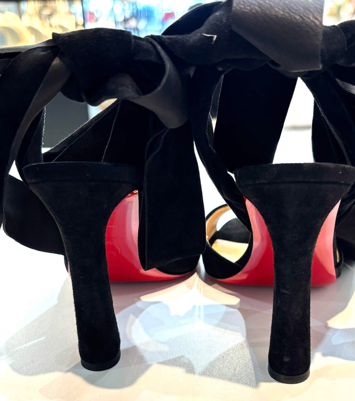 LOUBOUTIN ROSE AMELIE ANKLE-TIE SUEDE SANDALS
