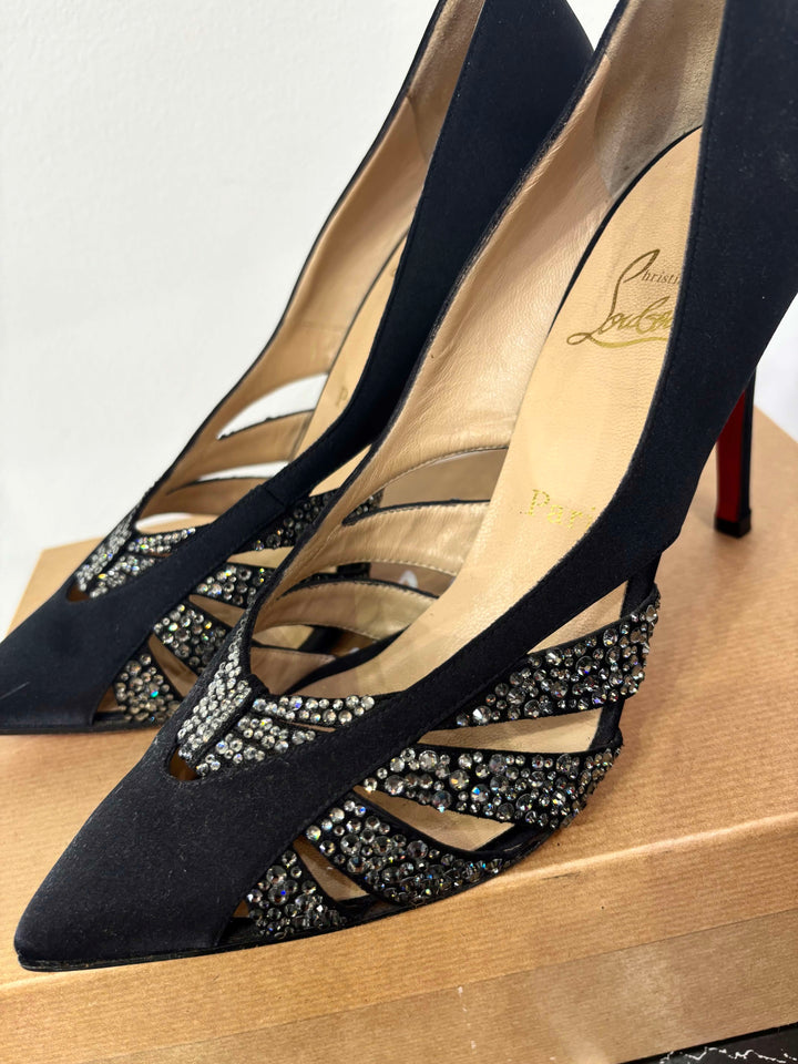LOUBOUTIN SATIN CRYSTAL NOSY STRASS PUMPS