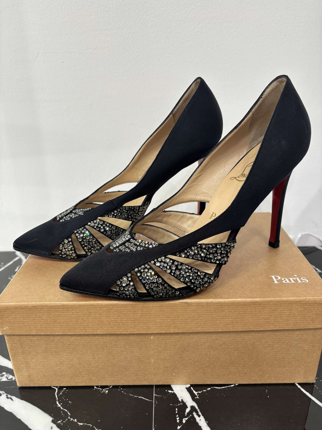 LOUBOUTIN SATIN CRYSTAL NOSY STRASS PUMPS