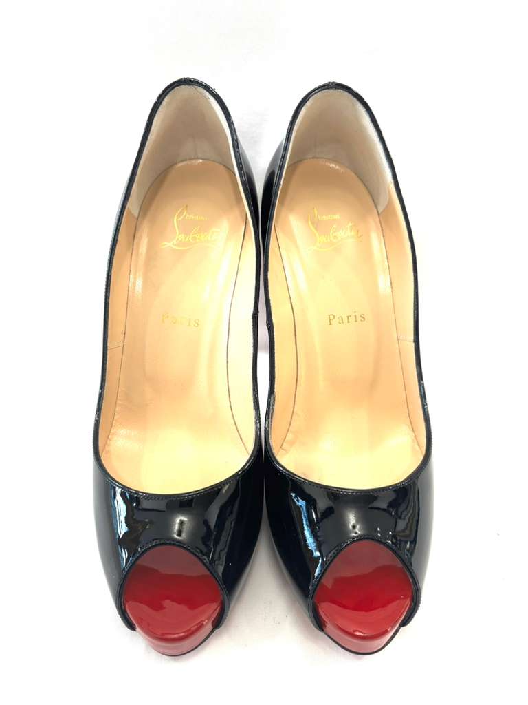 LOUBOUTIN VERY PRIVE 120 CALF PATENT PEEP TOE PUMPS