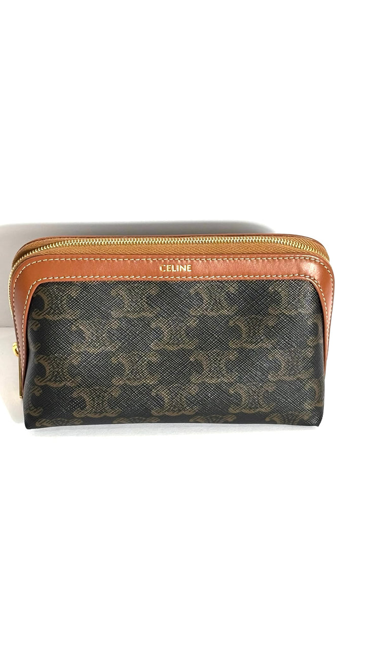 CÉLINE TRIOMPHE CANVAS &amp; CALFSKIN LEATHER SMALL COSMETIC CASE