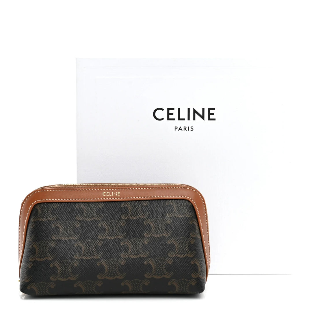 CÉLINE TRIOMPHE CANVAS &amp; CALFSKIN LEATHER SMALL COSMETIC CASE