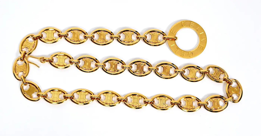 CÉLINE VINTAGE LARGE SIGNED GOLD-TONE LOGO CHAIN LINK BELT