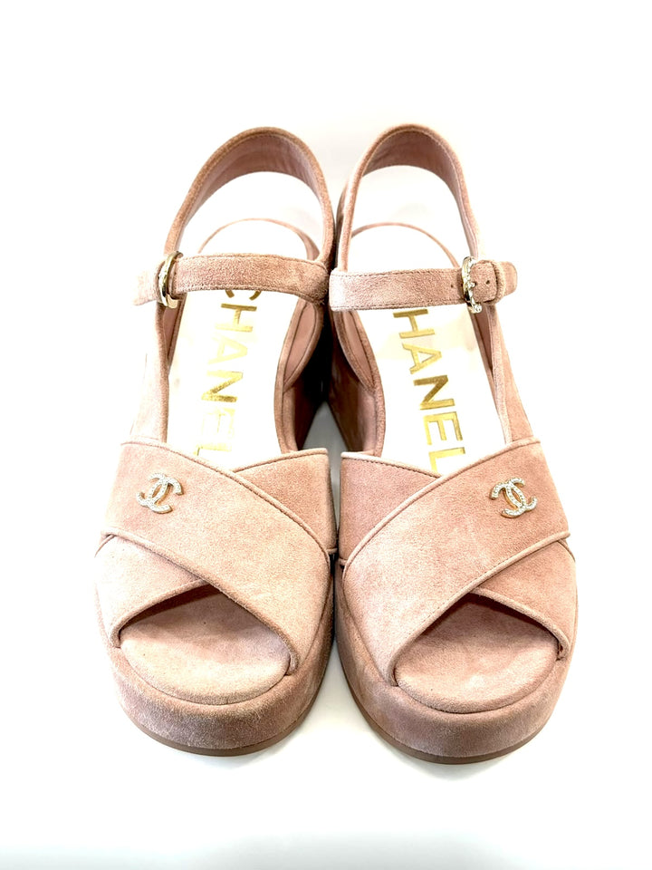 CHANEL CC RHINESTONES LOGO SUEDE CALFSKIN WEDGE HEEL SANDALS