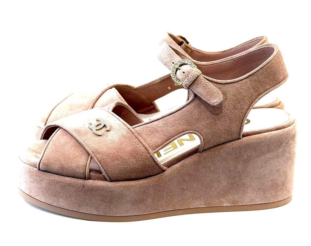 CHANEL CC RHINESTONES LOGO SUEDE CALFSKIN WEDGE HEEL SANDALS