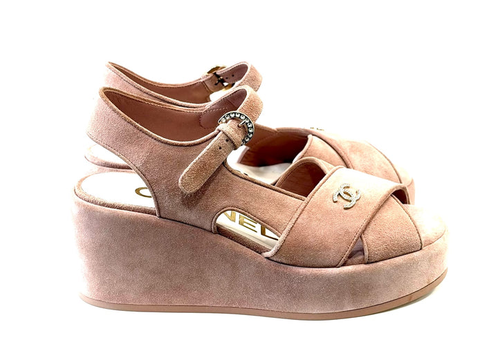 CHANEL CC RHINESTONES LOGO SUEDE CALFSKIN WEDGE HEEL SANDALS
