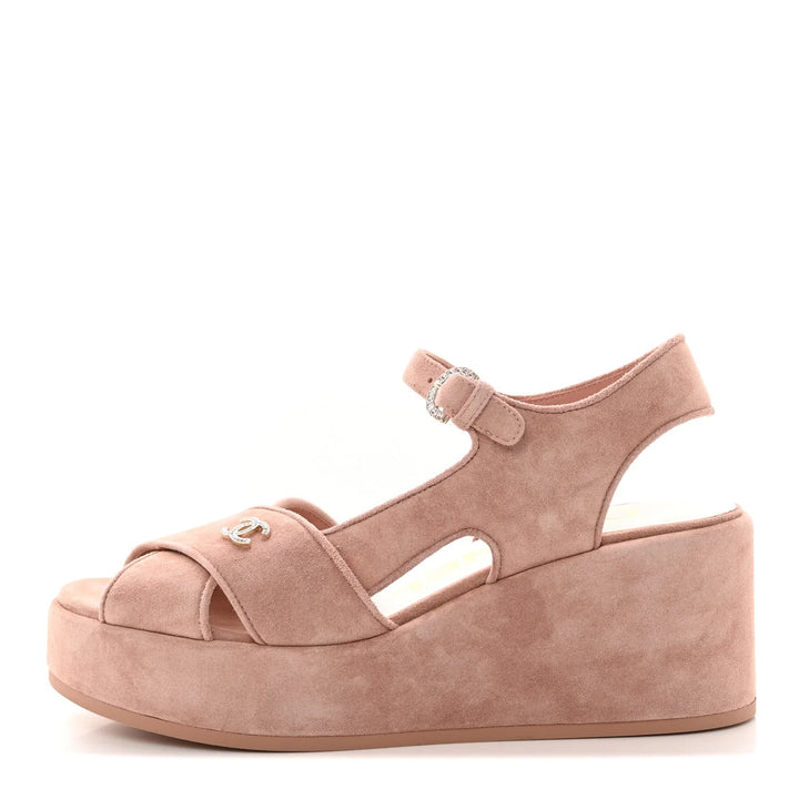 CHANEL CC RHINESTONES LOGO SUEDE CALFSKIN WEDGE HEEL SANDALS