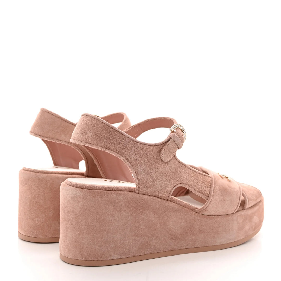 CHANEL CC RHINESTONES LOGO SUEDE CALFSKIN WEDGE HEEL SANDALS