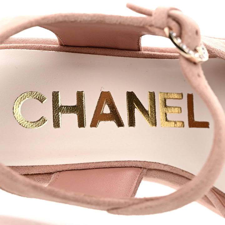 CHANEL CC RHINESTONES LOGO SUEDE CALFSKIN WEDGE HEEL SANDALS