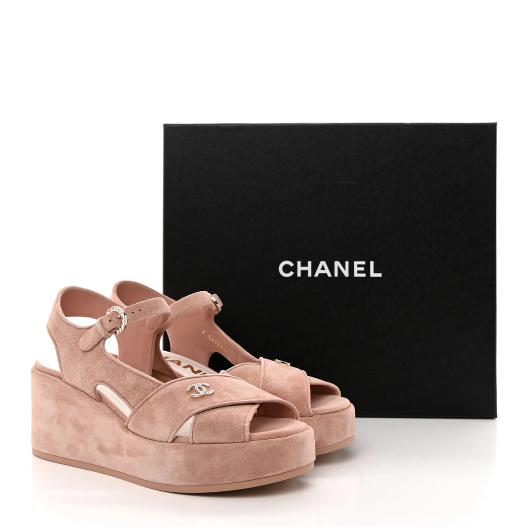 CHANEL CC RHINESTONES LOGO SUEDE CALFSKIN WEDGE HEEL SANDALS