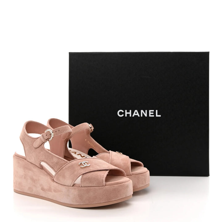 CHANEL CC RHINESTONES LOGO SUEDE CALFSKIN WEDGE HEEL SANDALS