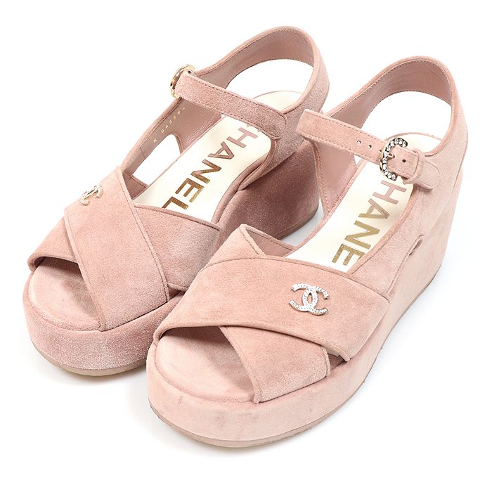 CHANEL CC RHINESTONES LOGO SUEDE CALFSKIN WEDGE HEEL SANDALS