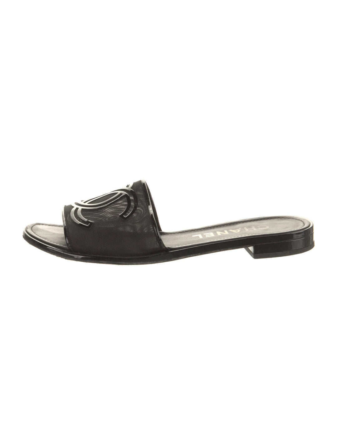 CHANEL 21S MESH PATENT LEATHER CC LOGO SLIDE SANDALS