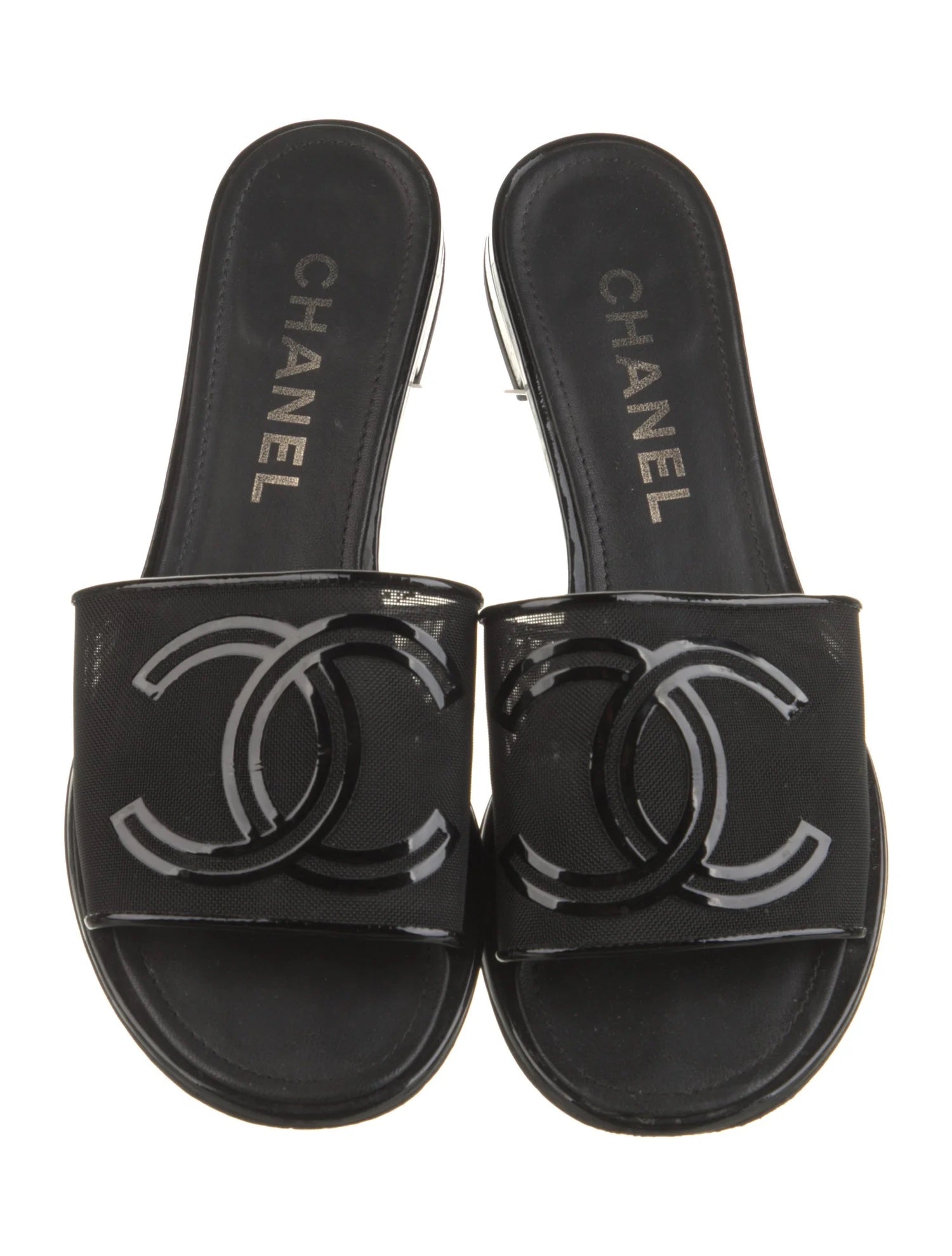 Chanel Lambskin Embroidered CC Mule Sandal 37 Black White