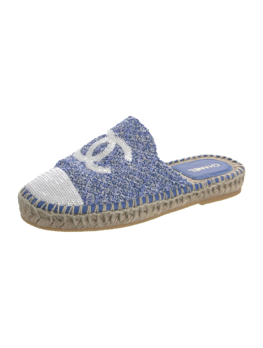 CHANEL TWEED SEQUIN CC LOGO BACKLESS ESPADRILLES – Caroline's