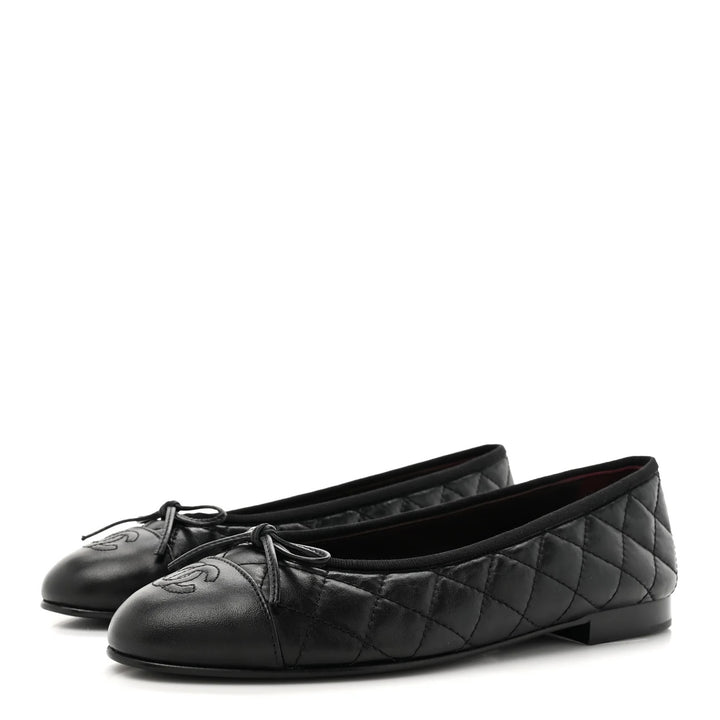 CHANEL CC AGED CALFSKIN QUILTED  LEATHER BALLET FLATS