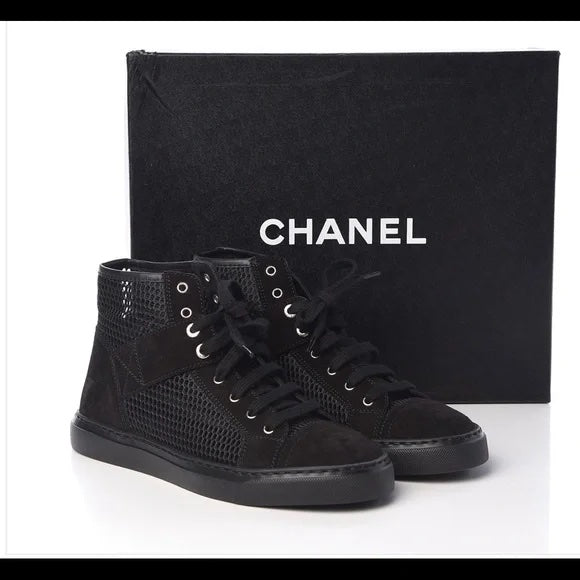 CHANEL SUEDE MESH HIGH-TOP LACE UP SNEAKERS – Caroline's Fashion Luxuries