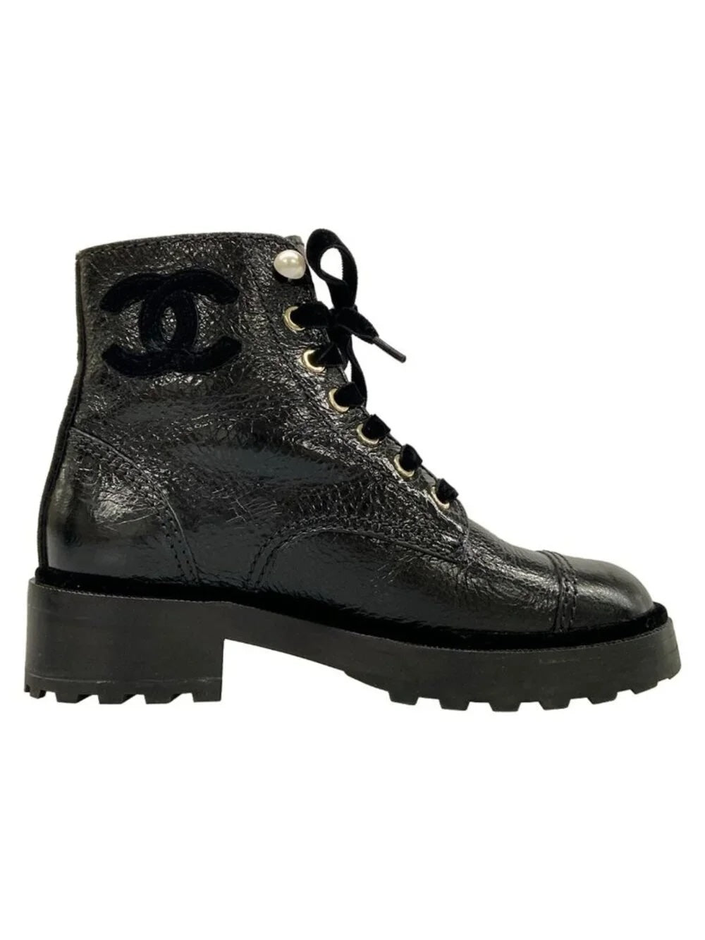 CHANEL SHINY CALFSKIN LEATHER PEARL ACCENT COMBAT BOOTS