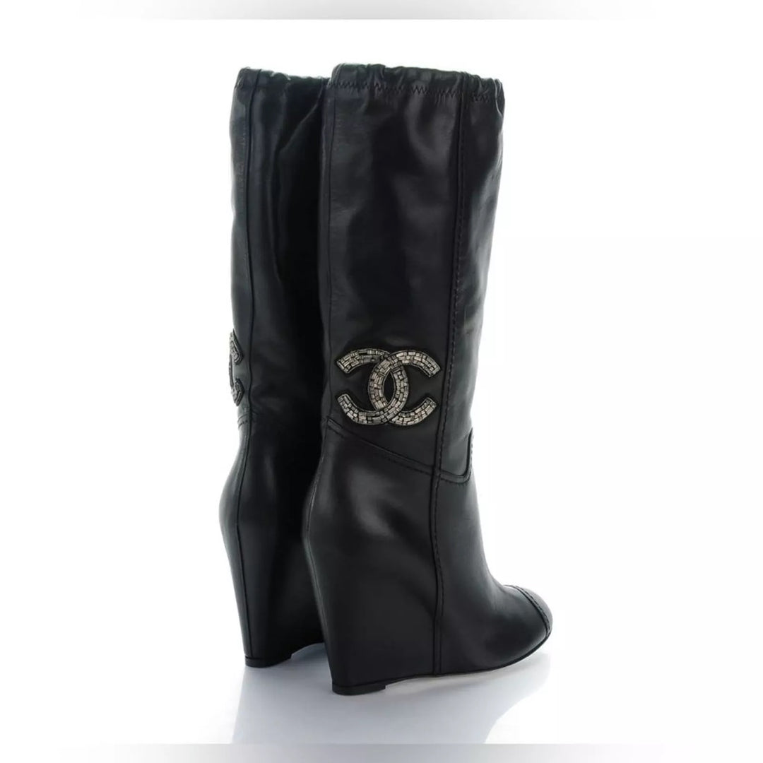 CHANEL CC CRYSTAL EMBELLISHED LAMBSKIN LEATHER WEDGE HEEL BOOTS