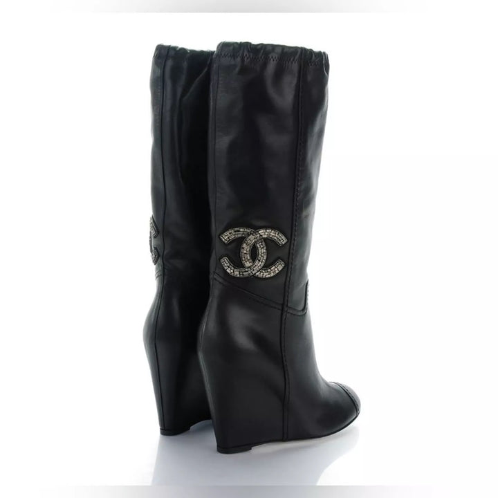 CHANEL CC CRYSTAL EMBELLISHED LAMBSKIN LEATHER WEDGE HEEL BOOTS