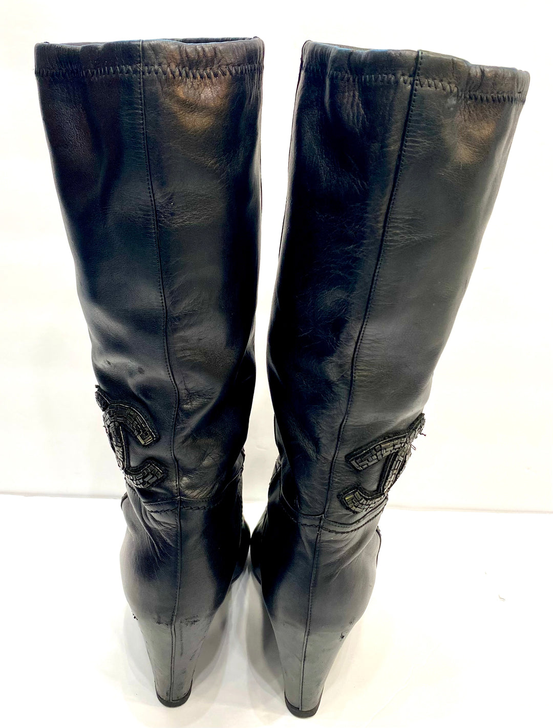 CHANEL CC CRYSTAL EMBELLISHED LAMBSKIN LEATHER WEDGE HEEL BOOTS