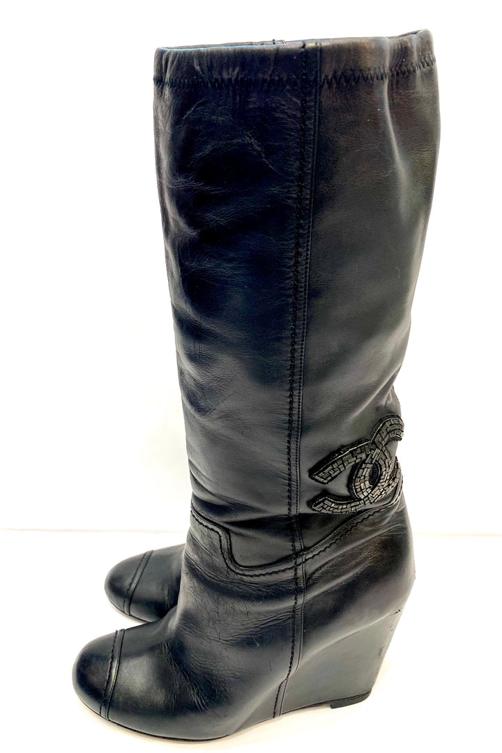 CHANEL CC CRYSTAL EMBELLISHED LAMBSKIN LEATHER WEDGE HEEL BOOTS