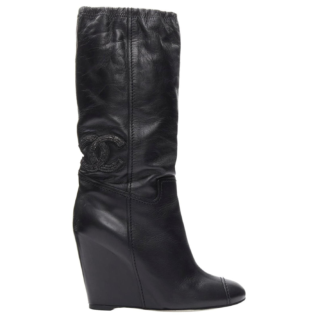CHANEL CC CRYSTAL EMBELLISHED LAMBSKIN LEATHER WEDGE HEEL BOOTS