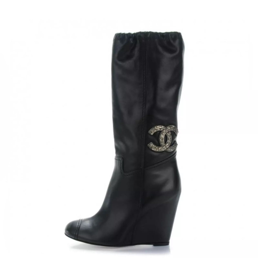 CHANEL CC CRYSTAL EMBELLISHED LAMBSKIN LEATHER WEDGE HEEL BOOTS CHANEL CC CRYSTAL EMBELLISHED LAMBSKIN LEATHER WEDGE HEEL BOOTS