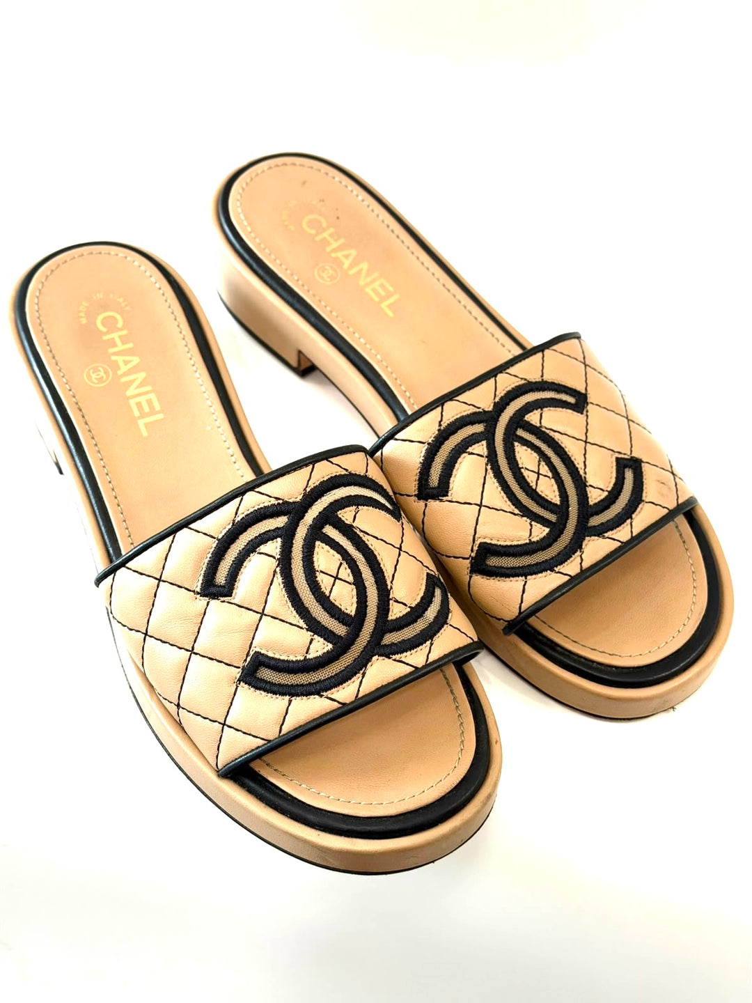 CHANEL CC QUILTED LAMBSKIN LEATHER MULES