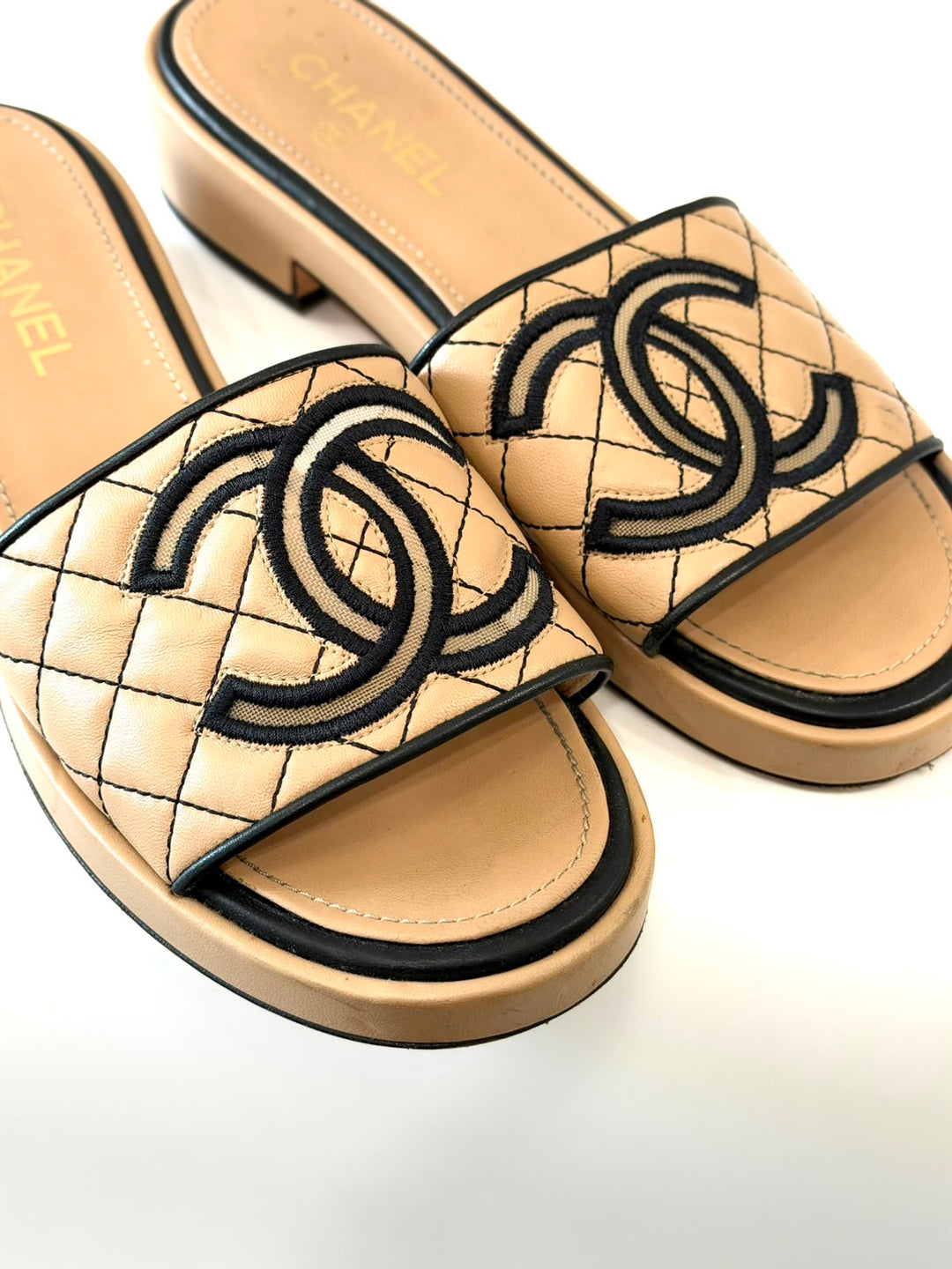 CHANEL CC QUILTED LAMBSKIN LEATHER MULES