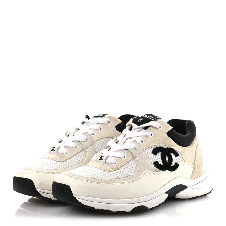 CHANEL CC MESH SUEDE CALFSKIN LETATHER SNEAKERS