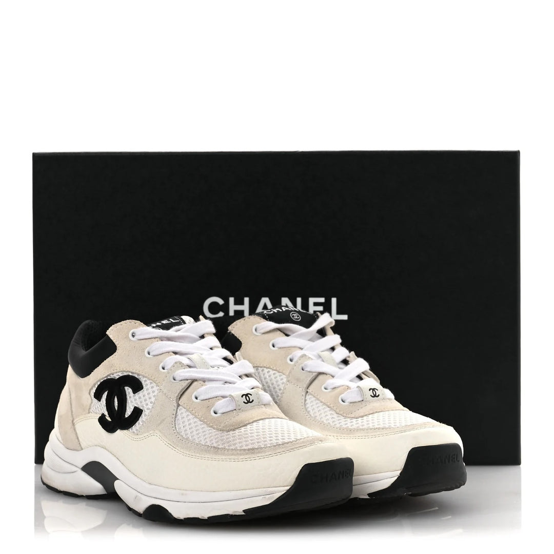 CHANEL CC MESH SUEDE CALFSKIN LETATHER SNEAKERS