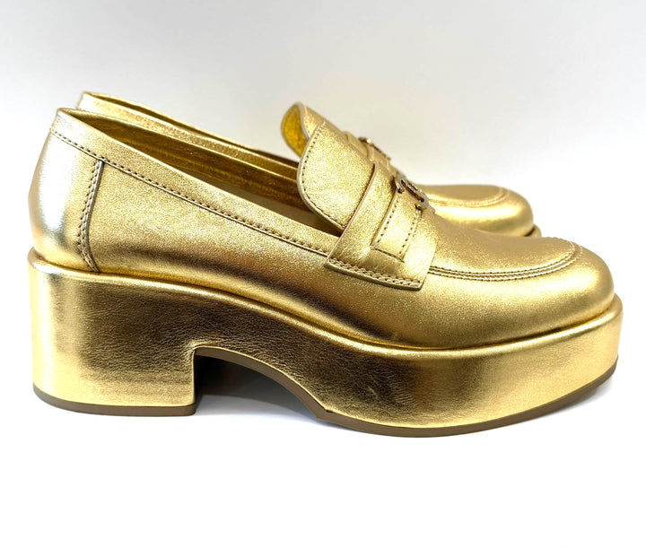 CHANEL CC METALLIC GOLD CALFSKIN LEATHER PLATFORM LOAFERS
