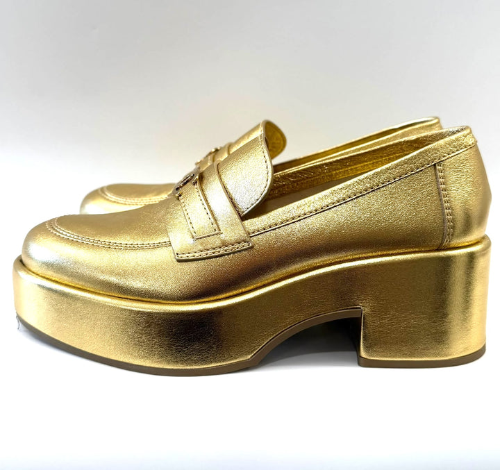 CHANEL CC METALLIC GOLD CALFSKIN LEATHER PLATFORM LOAFERS