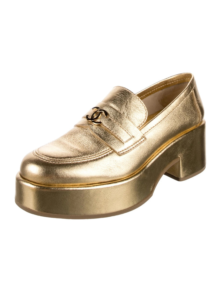 CHANEL CC METALLIC GOLD CALFSKIN LEATHER PLATFORM LOAFERS